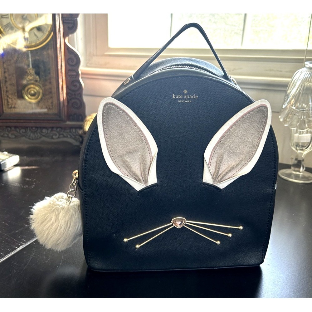 KATE SPADE HOP TO IT SAMMI Black Saffiano Leather Bunny Face Backpack READ